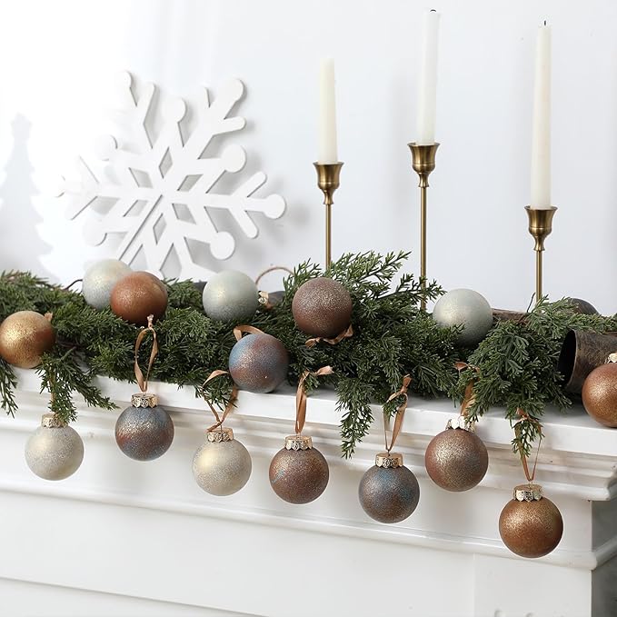 12 Pcs Neutral Textured Christmas Ball Ornaments 2.36'' Vintage Christmas Tree Decor Modern Rustic Brown Ornaments with Loop Shatterproof Hanging Ball for Xmas Farmhouse Decor (Earth Color)