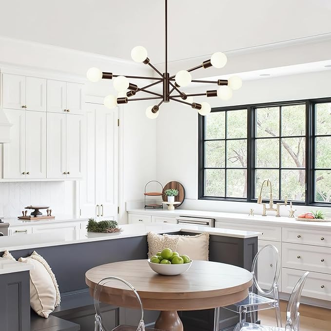 Sputnik Chandeliers Dining Room Light Fixture (12-Light, 33-Inch), Modern Brown and Gold Chandelier, Height Adjustable Mid Century Modern Chandeliers for Dining Room Kitchen Bedroom