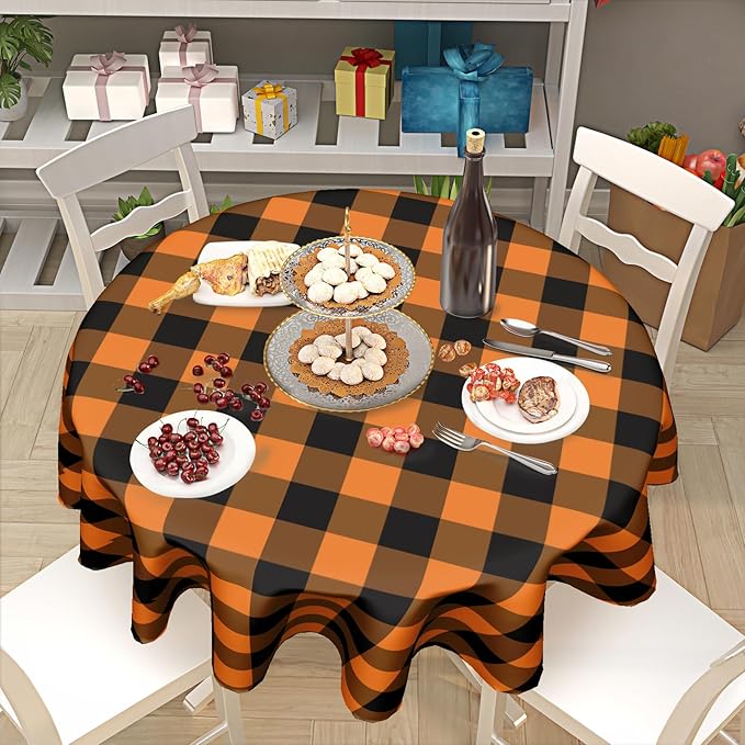 Halloween Tablecloth Round 60 Inch Black Orange Buffalo Plaid Round Table Cloth Autumn Thanksgiving Plaid Table Cloth Fall Autumn Table Covers for Kitchen Dining Room Holiday Party Picnic Decorations