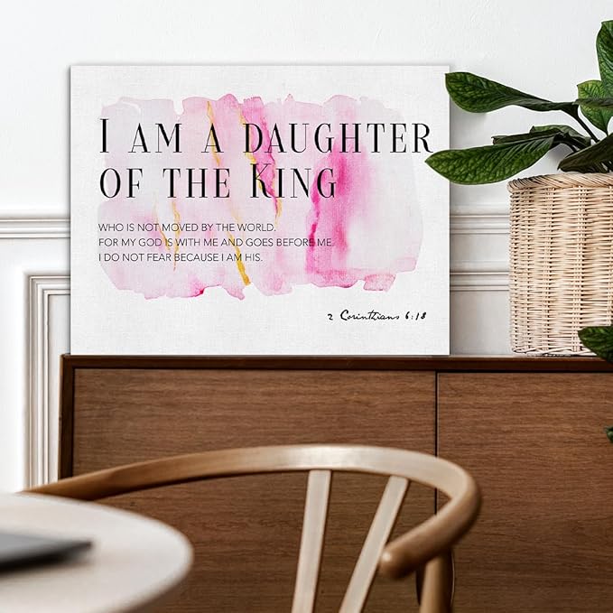 Daughter Gift From Dad Mom Bible Verses Canvas Wall Art I Am the Daughter of a King Prints Framed Watercolor Christian Paintings Artwork Ready to Hang Home Girl Nursery Decor 15x11.5 Inches