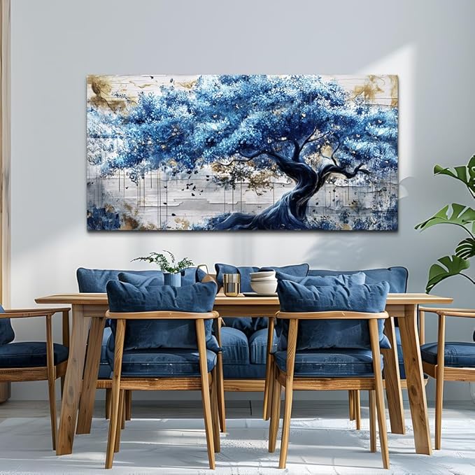 ERQINHUA Large Canvas Wall Decor For Living Room Wall Art For Bedroom Office Decor Blue Tree Wall Paintings Farmhouse Abstract Watercolour Pictures Artwork Home Decor Ready To Hang Posters 30"X60"
