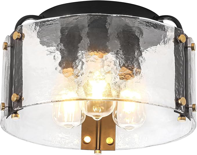 TOULMJ 15'' Semi Flush Mount Ceiling Light, Black Morden Hallway Light Fixture 3-Light Ceiling Light Fixture with Seeded Glass Shade for Dining Room Hallway Entryway Bedroom Laundry Room