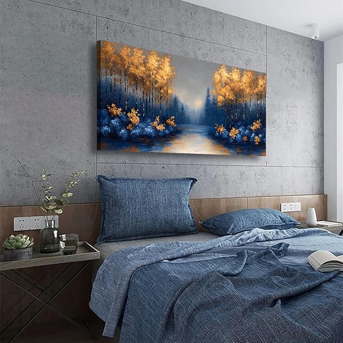 Abstract Scenery Pictures Canvas Wall Art for Living Room Office Bedroom Wall Decor,Blue Forest Golden Tree Wall Art Print Paintings Modern Landscapes Artwork Waterproof Ready to Hang-20x40inch