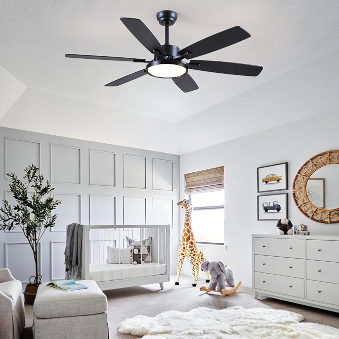 Ceiling Fan with Light,52โ Ceiling Fans with Light and Remote/APP for Bedroom with DC Motor, 6-Blade,3CCT,Surper Bright Dimmable LED Flush Mount Ceiling Fan for Kitchen Patio Use,Indoor/Outdoor Black