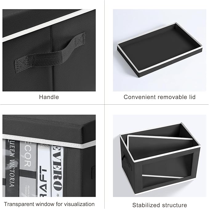 Storage Boxes with Lids - 4 Pack Fabric Clear Window Storage Bins, Large Decorative Storage Bins with Handles, Linen Closet Organizer for Clothes, Towel, Blanket, Black