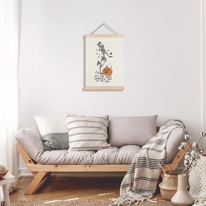 Supwhd Funny Halloween Skeleton Pumpkin Wall Art with Wooden Poster Hanger, Most Wonderful Time of the Year Halloween Wall Decor, Gothic Skull Posters Wall Art Decor, Skeleton Wall Decor, 12x16