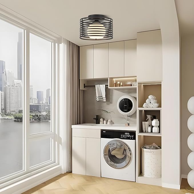 Modern Industrial Matte Black Small Semi Flush Mount Ceiling Light Fixture,Close to Ceiling Lamp Lighting Fixtures With Milk Glass Cover,for Closet Hallway Bathroom Foyer Entryway Pantry Laundry room