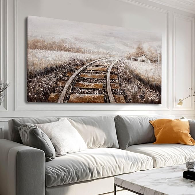 GAIDUOMAI Farmhouse Wall Decor Railway Canvas Painting Countryside Wall Art Mountain Artwork for Bedroom Dining Room 24"x48" hallway decor Grey Picture