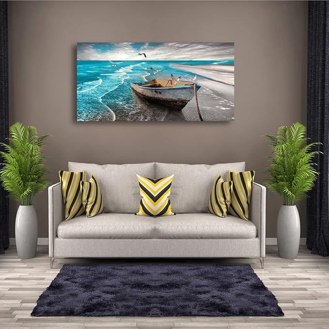 Beach Picture Canvas Wall Art Prints Black and White Waves Seascape Paintigns Home Decor Boat Seagulls Ocean Landscape for Living Room Bedroom Bathroom Decoration Natural Scenery Artwork 20x40inches