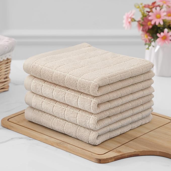 Homaxy 100% Cotton Terry Kitchen Towels(Beige, 13 x 28 inches), Checkered Designed, Soft and Super Absorbent Dish Towels, 4 Pack