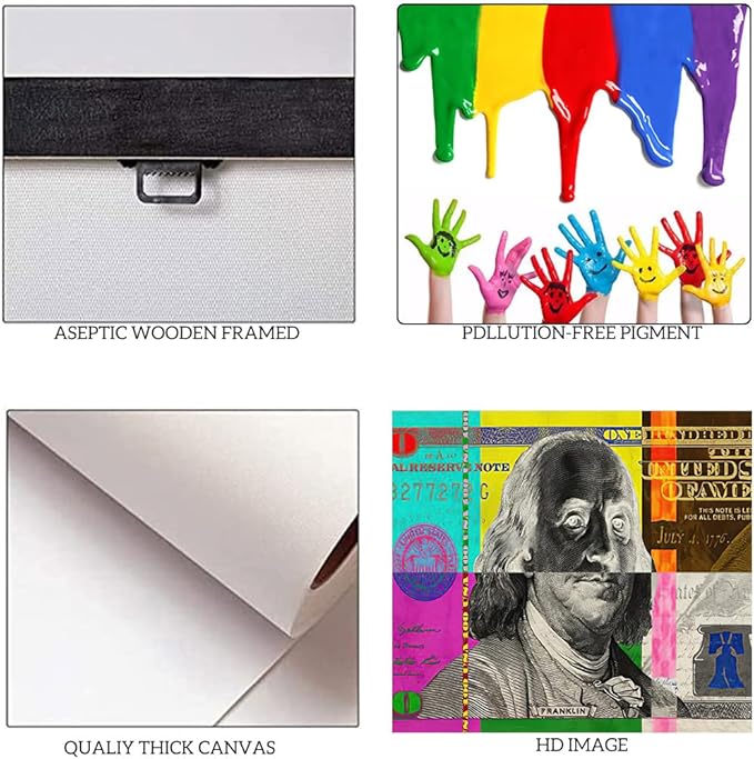 Yatsen Bridge Vivid Colorful 100 USD Artwork Abstract Creative Benjamin Franklin 100 Dollar Bill Color Blocks Canvas Paintings Wall Art HD Print Modern Home Office Decor Gallery Wrapped Easy to Hang