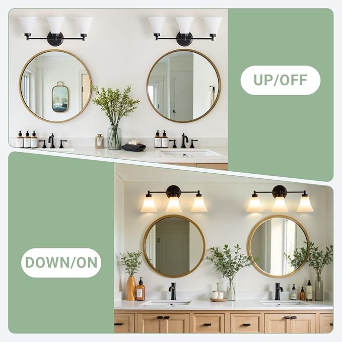 LOUSACE 3 Light Bathroom Vanity Light Matte Black Bathroom Lighting Fixtures Over Mirror with Opal White Frosted Glass, Vintage Traditional Wall Lighting Fixture Vanity Sconces Light for Bedroom