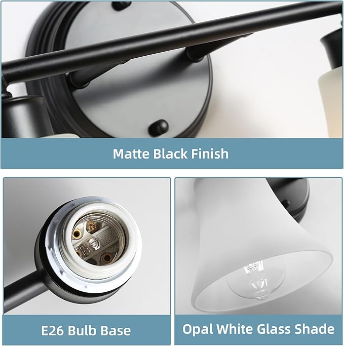 LOUSACE 2 Light Bathroom Vanity Light Matte Black Bathroom Lighting Fixtures Over Mirror with Opal White Frosted Glass, Vintage Traditional Wall Lighting Fixture Vanity Lights