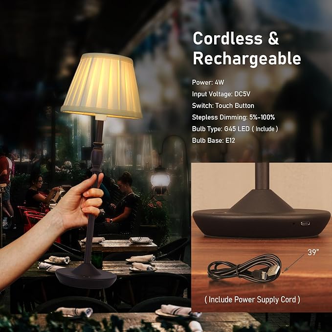 Cordless LED Touch Lamp with Dimmer Portable Small Table Lamp, 18" 2700K Rechargeable Battery Light for Bedside, Dining Room, Bedroom Lamp, Patio, Bar, Night Light, Bathroom (Sand Black)