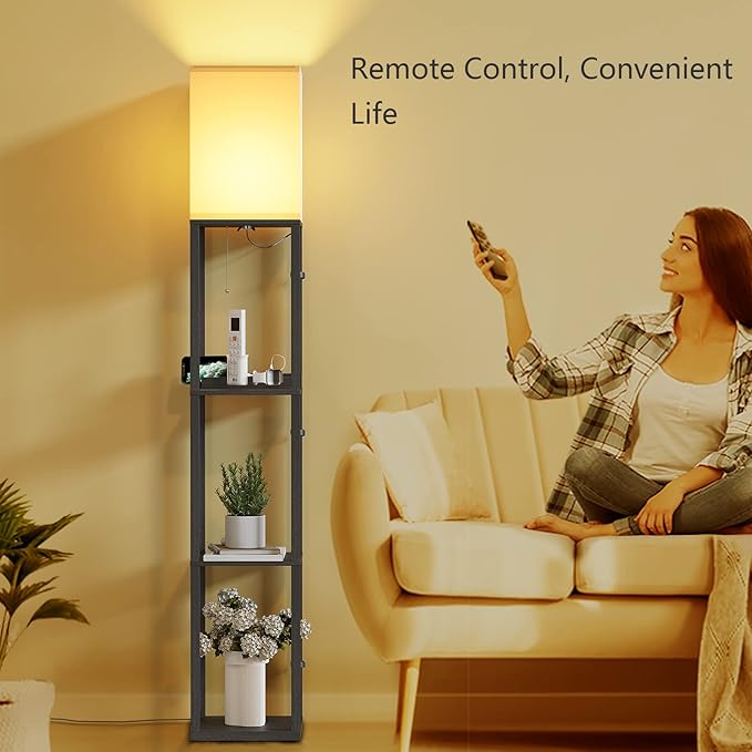 SUNMORY Shelf Lamp with Remote Control, Stepless Color Temperature & Dimmable, Floor Lamp with Shelves with 2 Usb Charging Ports and 2-Hole Socket, Solid Wood Tall Lamps for Living Room, Bedroom,Black