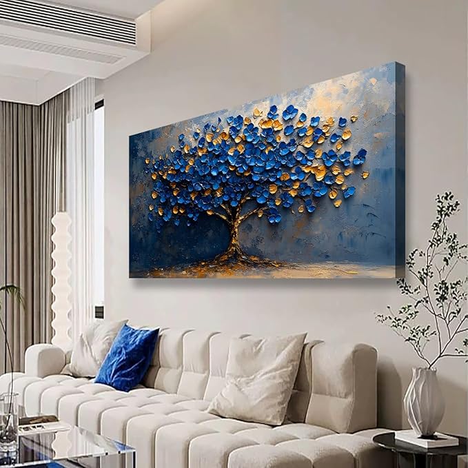 Abstract Tree Canvas Wall Art Bedroom Wall Decor Living Room,Tree of Life Wall Art Office Kitchen Paintings Artwork Modern Blue Yellow Leaves Pictures Art Prints Waterproof Ready to Hang-20x40inch