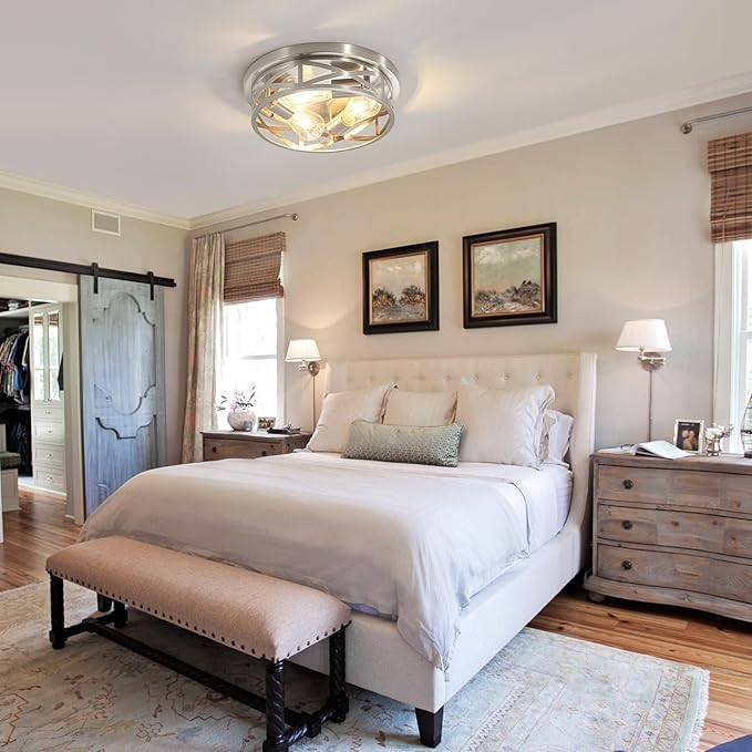 13 inch Brushed Nickel Flush Mount Ceiling Light Fixtures,3-Light Industrial Farmhouse Ceiling Light Fixture,Brushed Nickel Light Fixture Ceiling Mount for Kitchen Bedroom Living Room Hallway 2 Pack