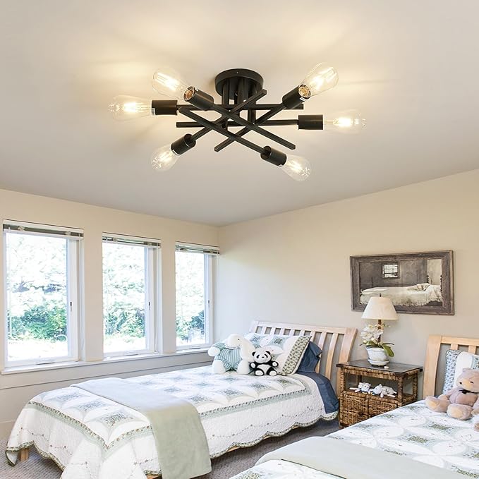 ASGYISA 6-Lights Semi Flush Mount Ceiling Light Fixture 2-Pack Black Vintage Matte Sputnik Chandelier Ceiling Lamp for Farmhouse Dining Room Living Room Bedroom Kitchen Entryway