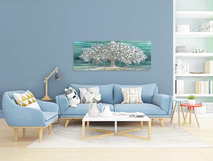 Yihui Arts Tree Of Life Metal Wall Art Handcrafted Aluminum Artwork Teal and Silver Abstract Nature Pictures in 5 Pieces for Living Room Bedroom Bathroom Decor