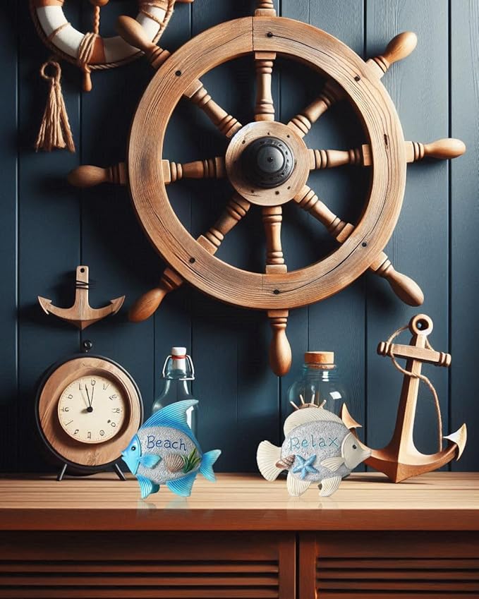 Coastal Charm Resin Fish Figurines - Set of 2 Decorative Relax & Beach Decor Nautical Themed 4.4'' Statues for Home Hotel (Fishes)