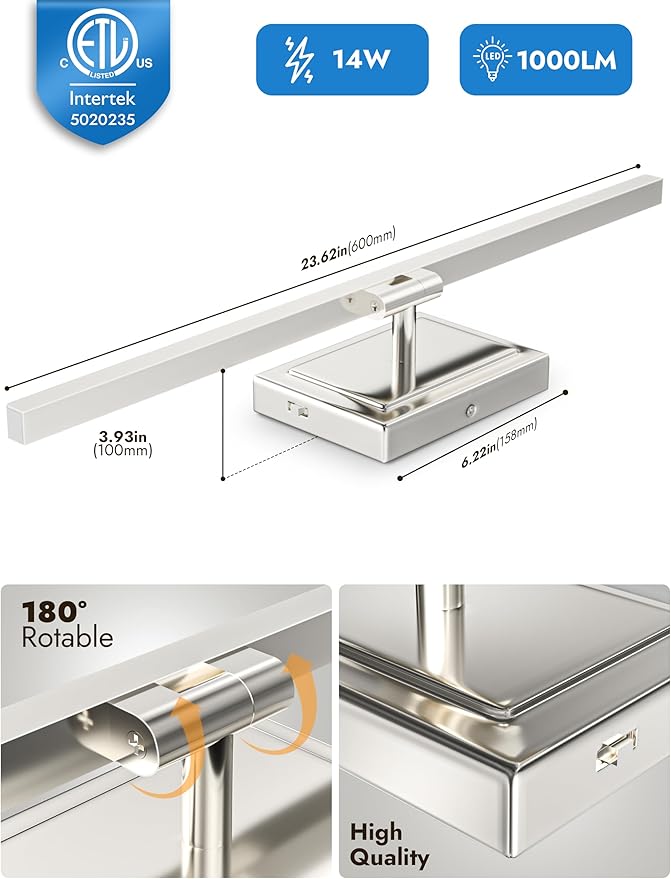 NIORSUN 24 Inch Modern Bathroom Light Fixture, 14W 5CCT Dimmable LED Chrome Bathroom Vanity Lights Over Mirror, Vanity Lights for Bathrooms Restroom Mirror- ETL Certified