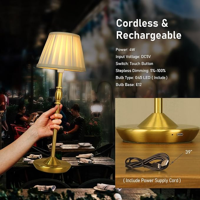 Cordless LED Touch Lamp with Dimmer Portable Small Table Lamp, 18" 2700K Rechargeable Battery Light for Bedside, Dining Room, Bedroom Lamp, Patio, Bar, Night Light, Bathroom (Antique Brass)