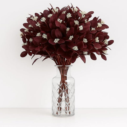 20 Pcs Fall Artificial Eucalyptus Stems 20" Burgundy Silk Fake Eucalyptus Leaves with Berries Fresh Dried Fall Greenery Stems Burgundy Plant Arrangement for Autumn Wedding Vase Table Centerpiece Decor