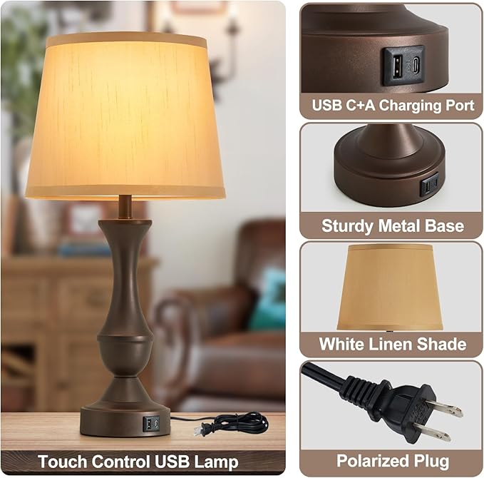 Luvkczc 22" Table Lamp Set of 2 - Farmhouse Vintage Brown Bedside Lamp with Brown Fabric Shade, 3-Way Dimmable, USB C+A Ports, Nightstand Lamp for Living Room Bedroom (Bulb Included)