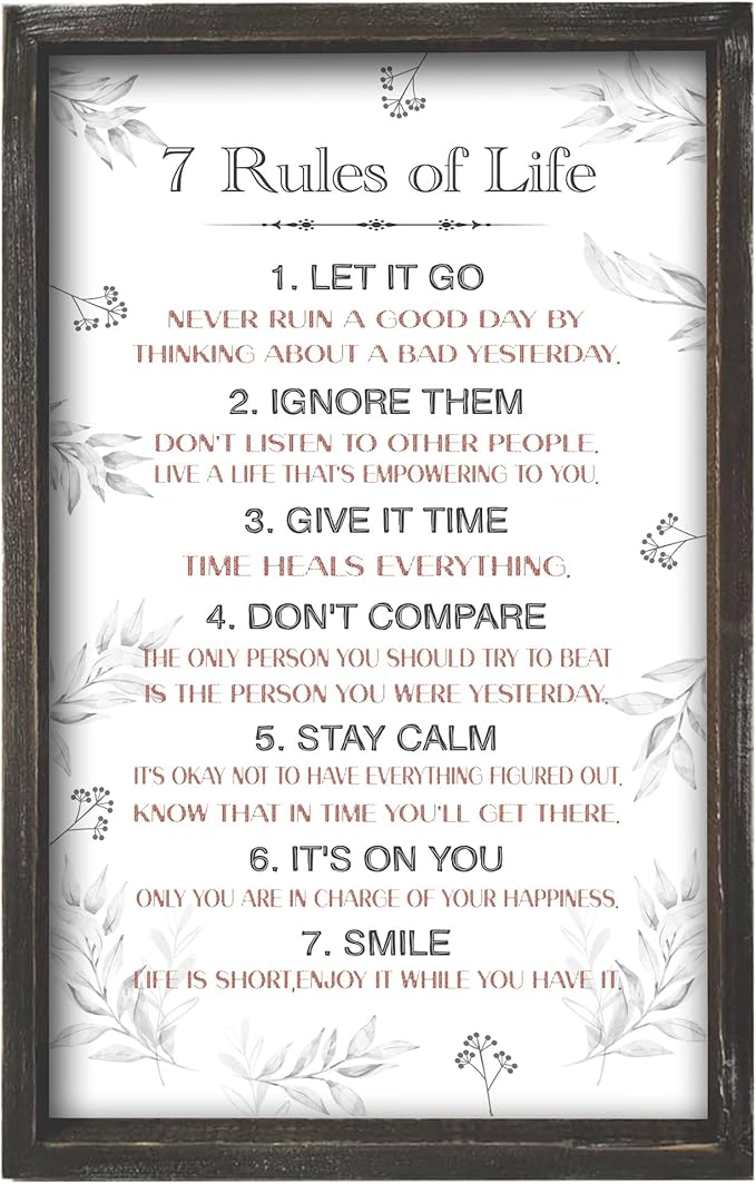 Positive 7 Rules of Life Wall Decor Sign - Affirmation Inspirational Life Attitude Plaque in Solid Wood 16x9.5 Inches Vertical - Motivational Framed Signs for Living Room