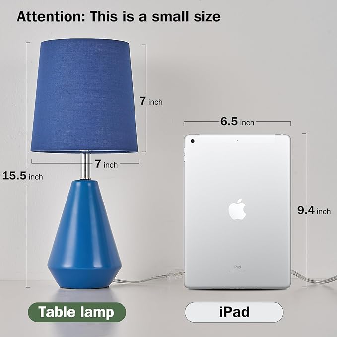 Small Bedside Table Lamp for Bedroom-Reading Desk Lamp Set of 2,with 3 Color Temperatures,15.5" Nightstand Ceramic Lamp with Fabric Shade for Kids Room,Living Room,Dorm,Home Office(Blue)