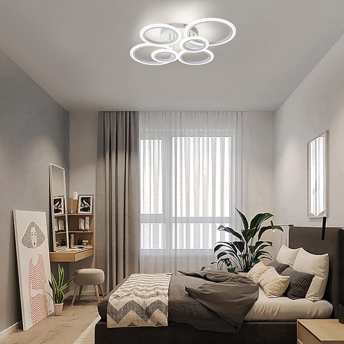 Modern LED Ceiling Light, White 6 Rings Flush Mount Ceiling Light, 4000K Lighting Fixture Ceiling Lamp for Kitchen, Bedroom, Living Room, Laundry Room