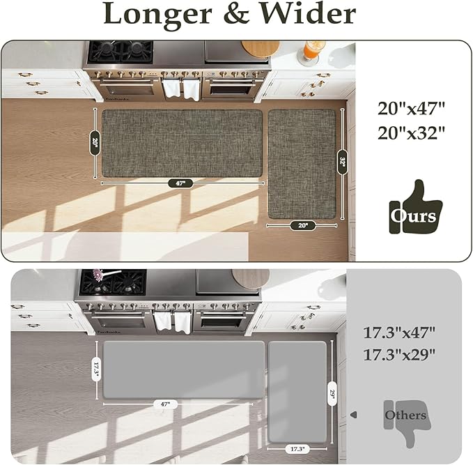 KIMODE Anti Fatigue Kitchen Mat for Floor, Farmhouse Kitchen Rugs Sets of 2, 20"x47"+20"x32" Paded Kitchen Floor Mats, Comfort Textilene Standing Mats for Laundry Office Sink Desk Brown/Green