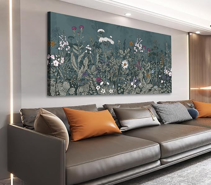 NINEASO Botanical Canvas Wall Art - Dusty Blue Wildflower Nature Pictures Bloom Floral Wall Decor Flower Plants Painting Print Artwork for Living Room Bedroom Home Office Decorations 29" x 58"