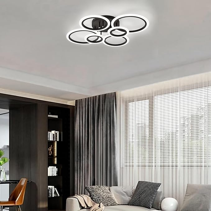 Modern LED Ceiling Light, Black 6 Rings Flush Mount Ceiling Light, 4000K Lighting Fixture Ceiling Lamp for Kitchen, Bedroom, Living Room, Laundry Room