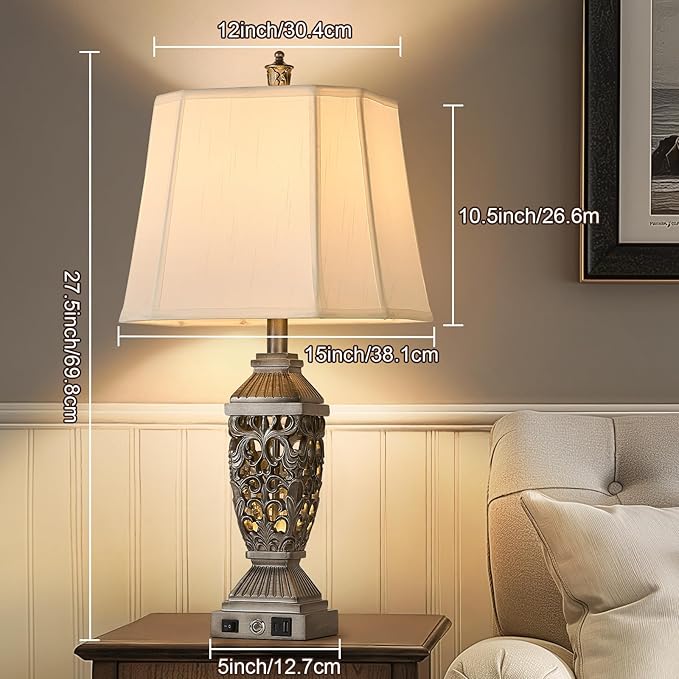 AIDENOEY Farmhouses Table Lamp with USB & USB-C Charging Ports, 3-Color Dimmable & Stepless Bottom Dimming, Touch Control & Switch, Vintage Bedside Lamp for Bedroom Living Room Office,(27.5" high)