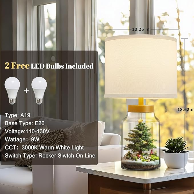 GyroVu Fillable Table Lamp, Bedside Lamp with Clear Glass Fillable Lamp Nightstand Lamp for Living Room Bedrooms Office, Bulbs Included(Gold+White Lampshade)