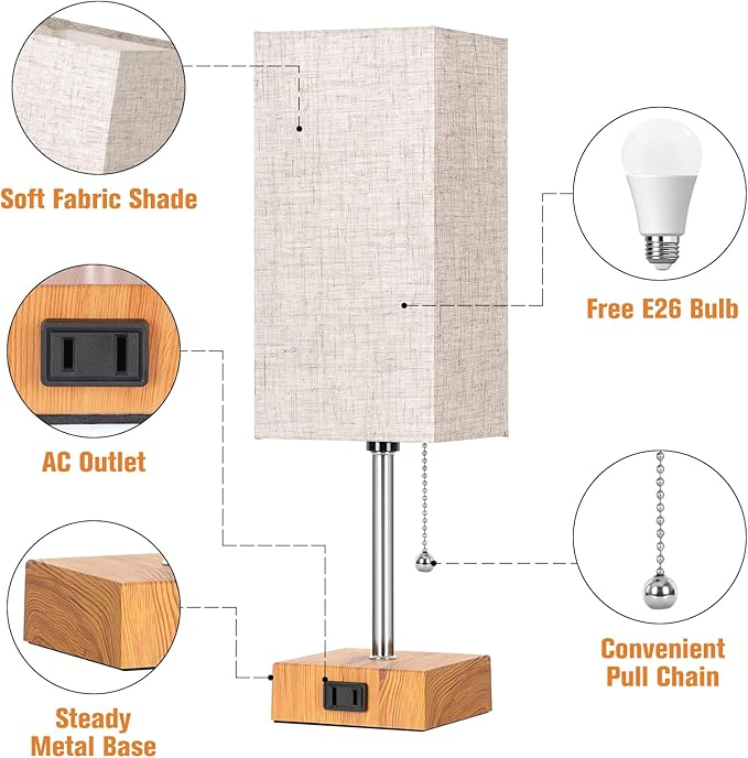 Bedside Table Lamps for Bedroom Nightstand, Bedroom Lamp with 3 Color Temperatures Nightstand Lamps Set of 2 with AC Outlets, Square Pull Chain Bedside Lamp for Living Room, Home Decor