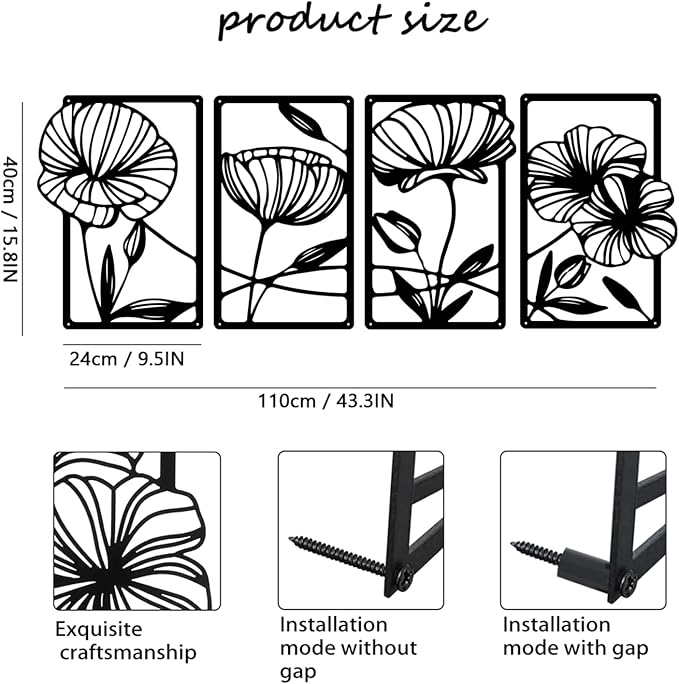 Ouqiesli Metal Flowers Wall Art Set of 4, Black Framed Floral Decor for Living Room, Bedroom, Bathroom, Hallway, Minimalist Home Decor - 15.75″ x 9.5″