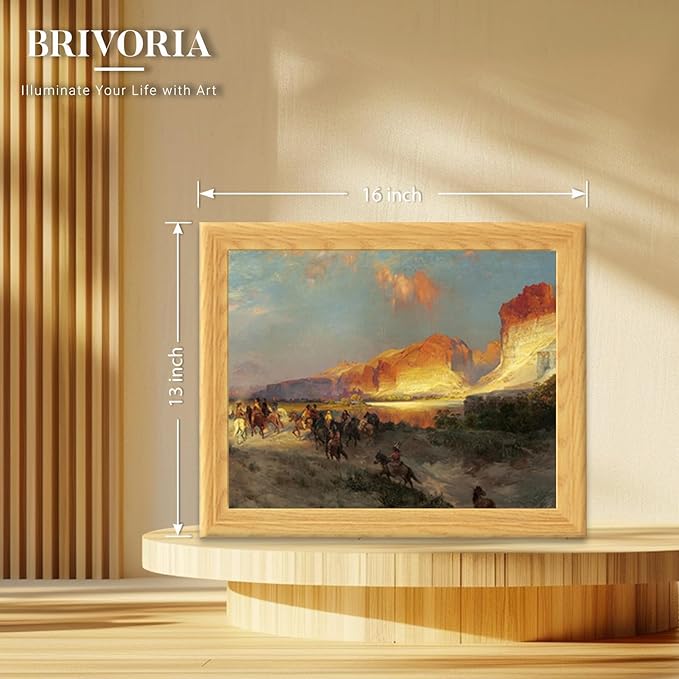 Brivoria Framed Canvas Wall Art Vintage Decor, Romantic Autumn Western Scene with Horse Riders, Red Rock Canyon and Golden Sunset Light for Hallway Reading Nook or Rustic Frontier Display, 13"x16"