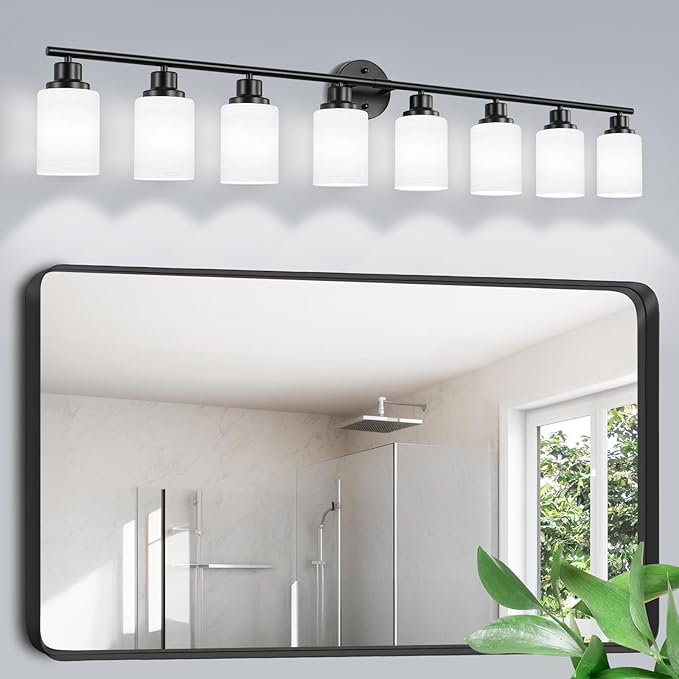 8-Light Vanity Lights, Black Bathroom Light Fixture with Striped Textured Milky White Glass Shade, Modern Vanity Lighting Fixture for Bathroom Wall Light Over Mirror, E26 Wall Sconce