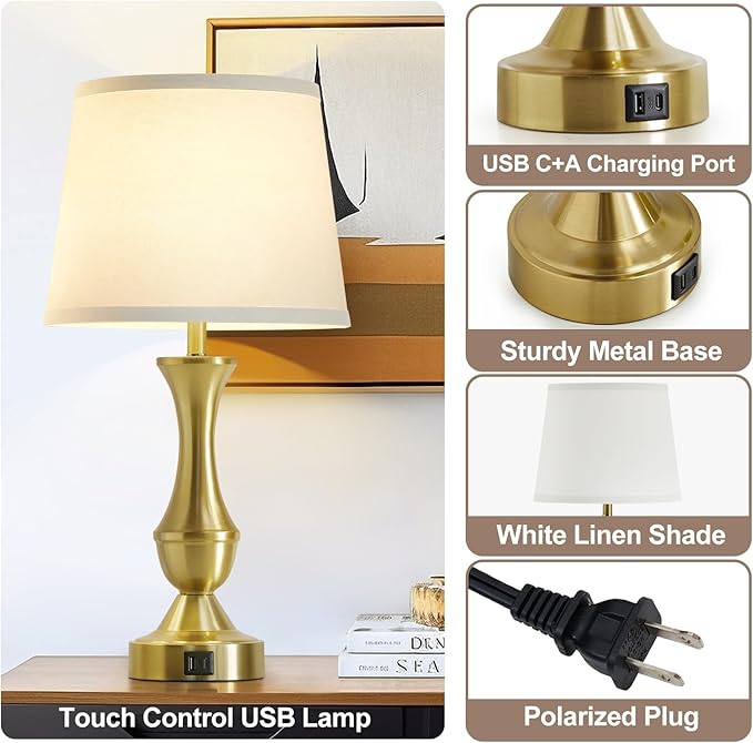 Luvkczc 22" Gold Table Lamps Set of 2 - Modern Luxury Bedside Lamps with White Fabric Shade, 3-Way Dimmable & Dual USB C+A Ports, Nightstand Lamps for Bedroom/Living Room (Bulb Included)