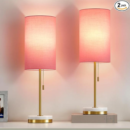 Luvkczc Minimalist Table Lamp Set of 2, Nightstand Lamp for Bedroom Living Room, Modern Pull Chain Bedside Lamp with Marble Base, Fabric Shade, Small Desk Lamp for Home, Office, Reading,Pink