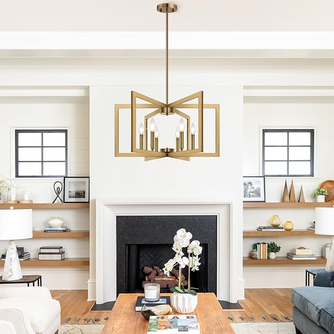 25" Modern Brass Chandelier for Dining Room (6-Light, 25-Inch), Geometric Brass Dining Room Light Fixture Over Table, Industrial Metal Hanging Pendant Lights for Kitchen Island, Entryway, Foyer