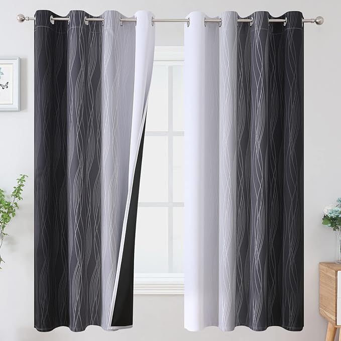 Estelar Textiler Ombre Greyish White Black Blackout Curtains & Drapes 63 Inch Length 2 Panels for Bedroom, Thermal Insulated Full Light Blocking Grommet Blackout Drapes for Kids Room, 52Wx63L, Adult