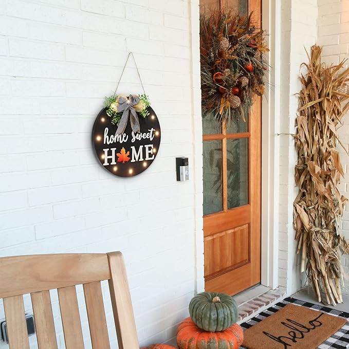 Interchangeable Welcome Sign for Front Door with 14 Changeable Icons, Farmhouse Front Porch Decor Rustic Wooden Wall Sign with 12 LED Lights, Outdoor Seasonal Welcome Home Decorations (Black1)