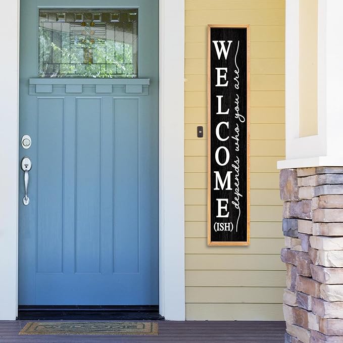Welcome-ish Sign for Front Porch Standing 45"X9" Large Farmhouse Outdoor Wood Framed Home Vertical Tall Funny Large Welcome Sign For Rustic Modern Outside Front Door Wall Decor (Wood Black)