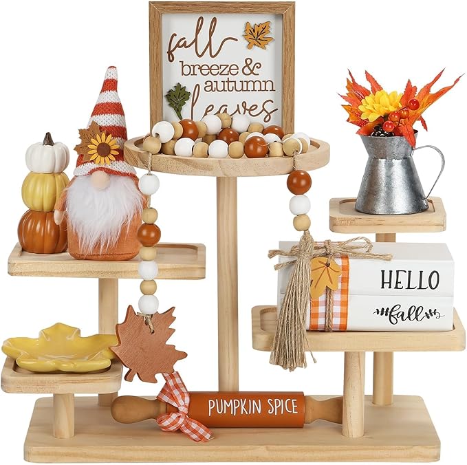 Fall Decorations for Home 8PCS Tiered Tray Decor Set, Tabletop Fall Decor for Tray Shelf Mantel Fire Place Office Desk Kitchen Thanksgiving Autumn Table Centerpieces Pumpkin Farmhouse Wood Sign