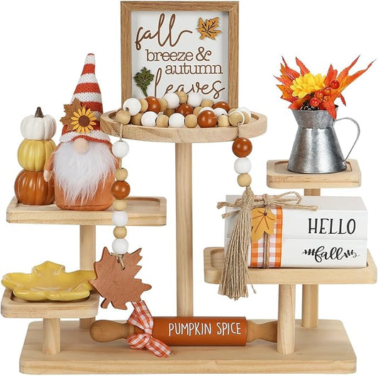 Fall Decorations for Home 8PCS Tiered Tray Decor Set, Tabletop Fall Decor for Tray Shelf Mantel Fire Place Office Desk Kitchen Thanksgiving Autumn Table Centerpieces Pumpkin Farmhouse Wood Sign