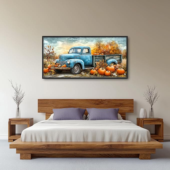 Olivine Fall Large Wall Art, Pumpkin Pictures Wall Decor, Truck Painting, Country Autumn Canvas Prints, Framed Artwork for Dining Room Living Room Bedroom Bathroom Office Home Decor 60"x30"