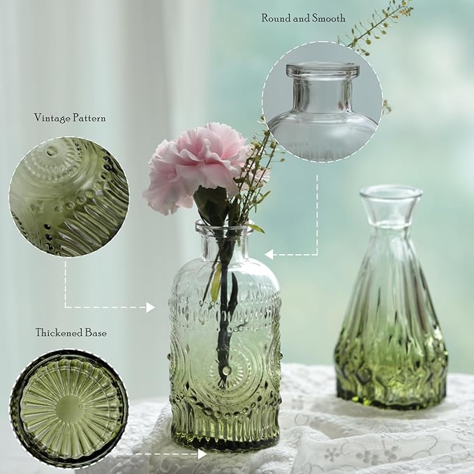 Bud Vases Set of 12,Glass Bud Vases in Bulk,Small Flower Vases for Centerpieces,Mini Vintage Vase for Wedding, Home Table Decor,Christmas,Party Decoration,Green